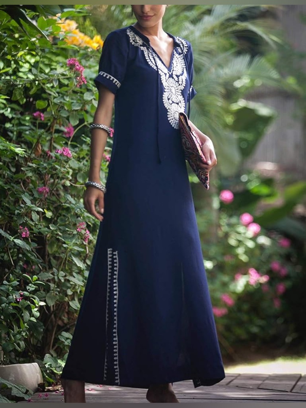 Annabella Embroidered Navy Maxi Dress with Side Slit, Size S - Picture 2 of 11